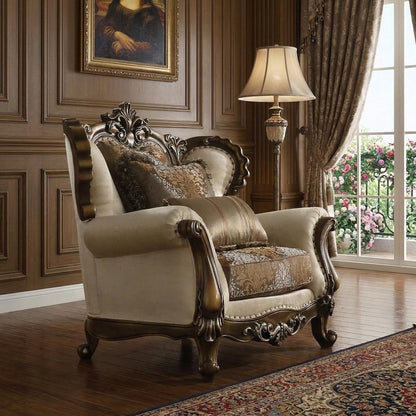 49" Tan and Brown Fabric Damask Tufted Wingback Chair And Toss Pillows