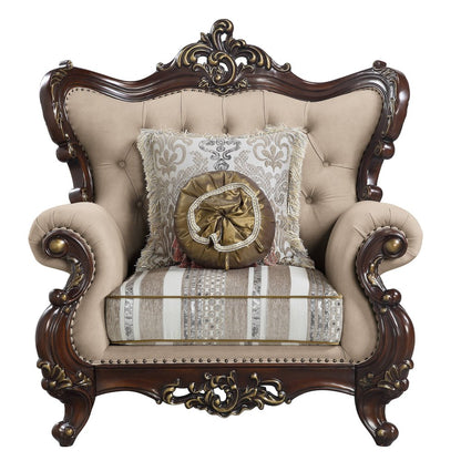 48" Beige and Brown Linen Floral Arm Chair And Toss Pillows