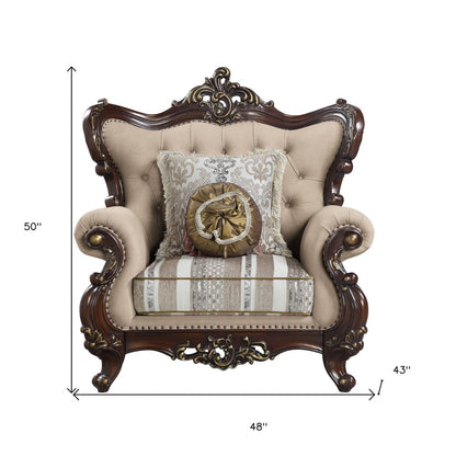 48" Beige and Brown Linen Floral Arm Chair And Toss Pillows