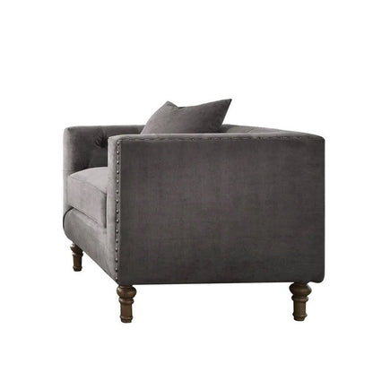 41" Gray and Antiqued Brass Velvet Tufted Arm Chair And Toss Pillow