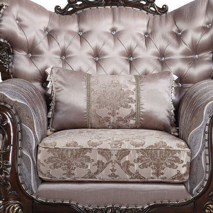 46" Light Gray Fabric And Antique Oak Floral Tufted Arm Chair