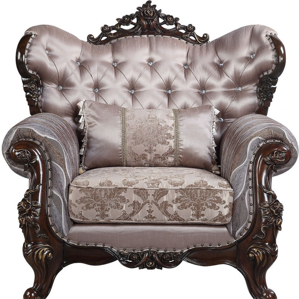 46" Light Gray and Brown Fabric Floral Tufted Arm Chair And Toss Pillow