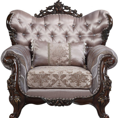 46" Light Gray and Brown Fabric Floral Tufted Arm Chair And Toss Pillow