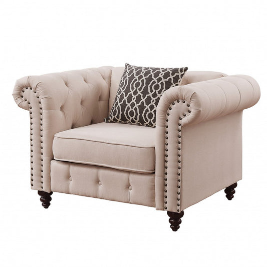 45" Beige and Black Linen Tufted Chesterfield Chair And Toss Pillow