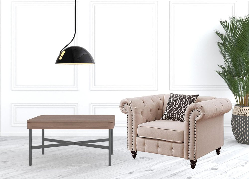 45" Beige and Black Linen Tufted Chesterfield Chair And Toss Pillow