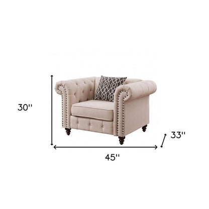 45" Beige and Black Linen Tufted Chesterfield Chair And Toss Pillow