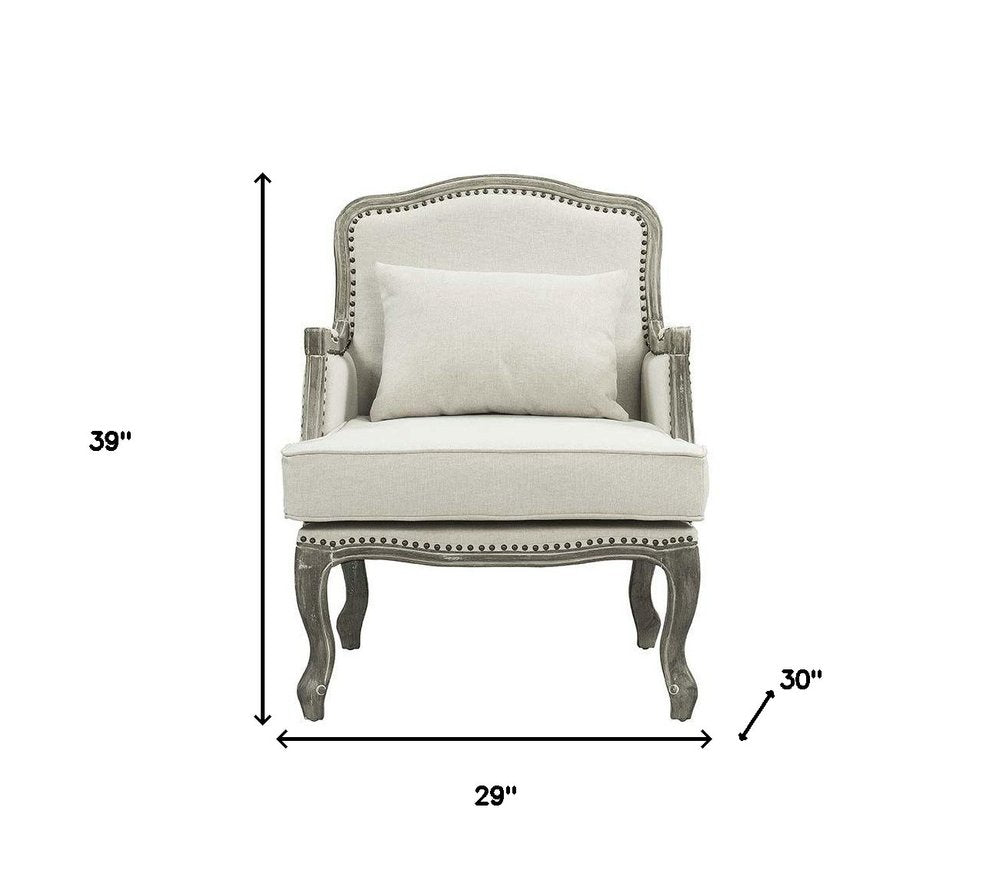 29" Cream and Brown Linen Arm Chair And Toss Pillow