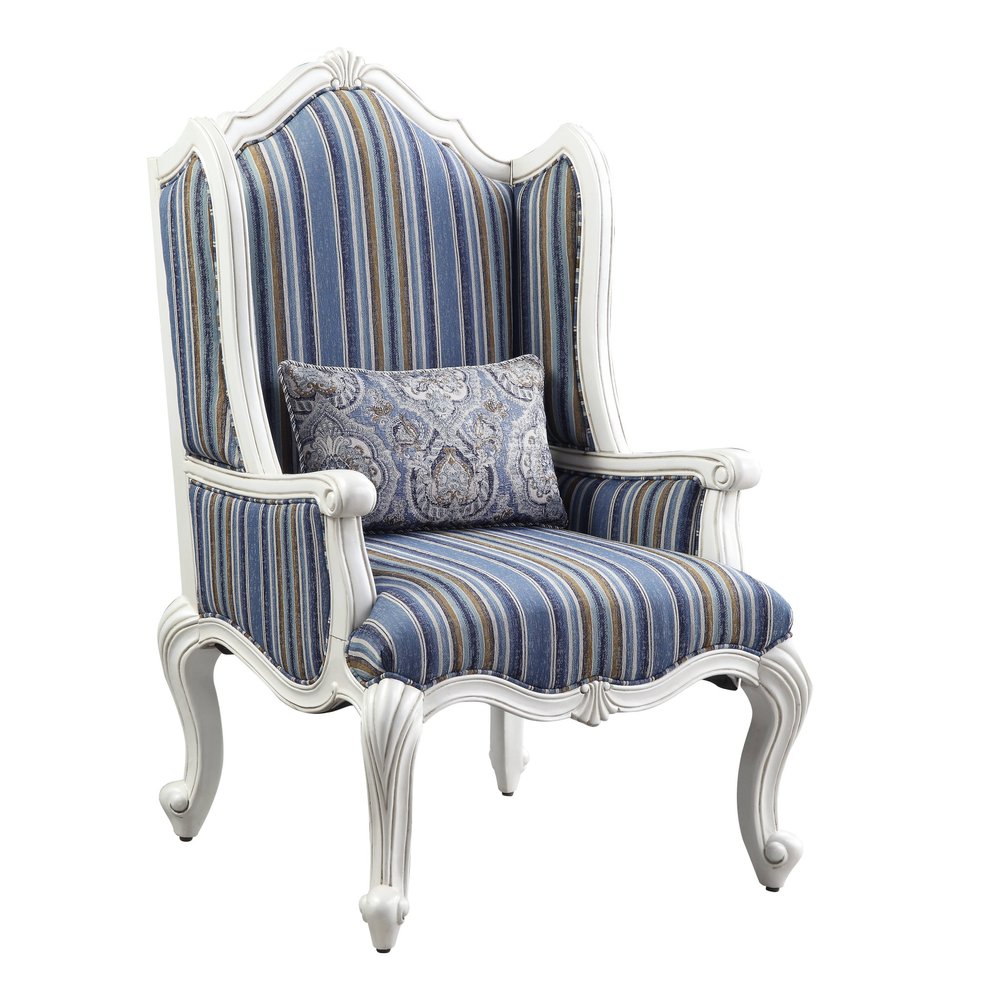 31" Blue and White Fabric Striped Wingback Chair And Toss Pillow