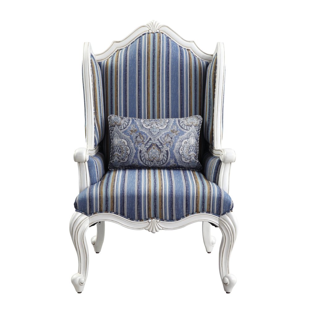 31" Blue and White Fabric Striped Wingback Chair And Toss Pillow