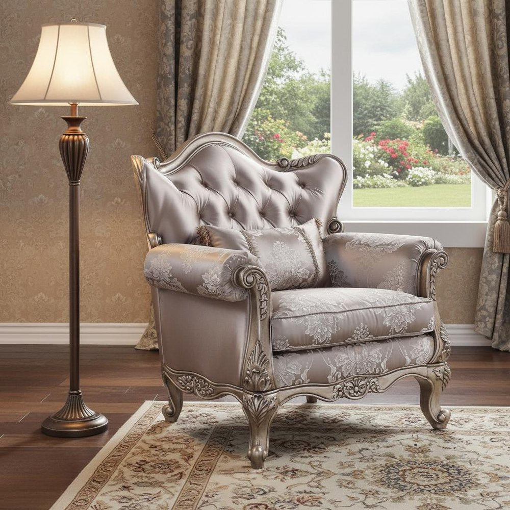 45" Champagne Fabric Floral Tufted Arm Chair And Toss Pillow