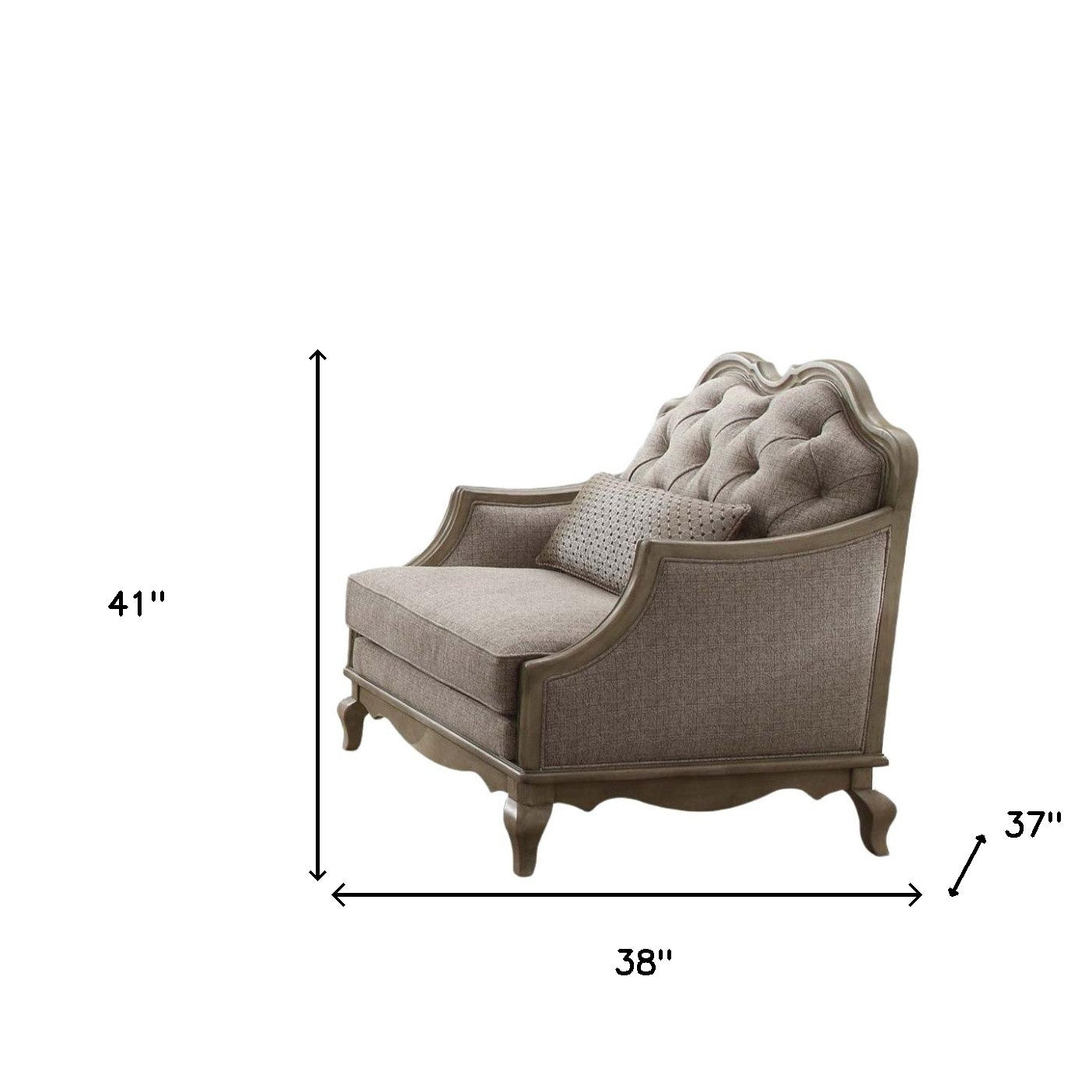 38" Beige And Taupe Fabric Tufted Chair and a Half And Toss Pillow