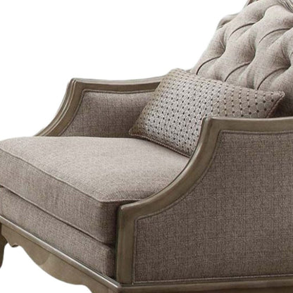 38" Beige and Taupe Fabric Tufted Chair and a Half And Toss Pillow