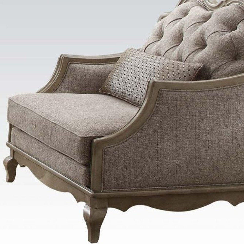 38" Beige and Taupe Fabric Tufted Chair and a Half And Toss Pillow