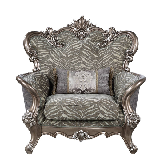 47" Gray and Antiqued Bronze Fabric Floral Tufted Wingback Chair And Toss Pillow