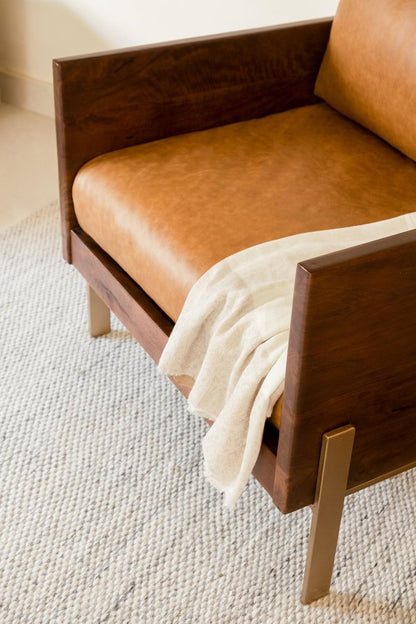 31" Brown Top Grain Leather And Solid Wood Arm Chair