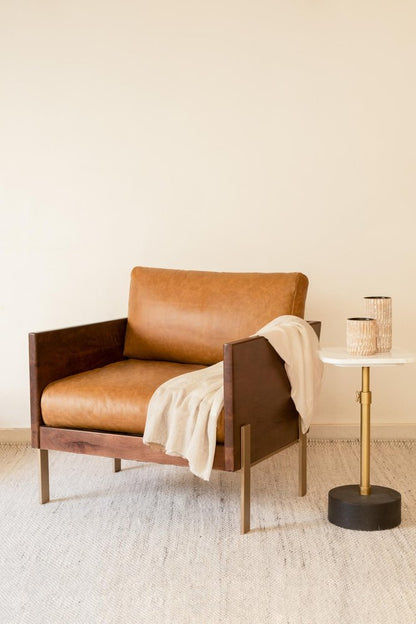 31" Brown Top Grain Leather And Solid Wood Arm Chair