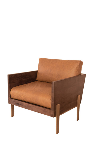 31" Carmel Brown Top Grain Leather And Gold Arm Chair