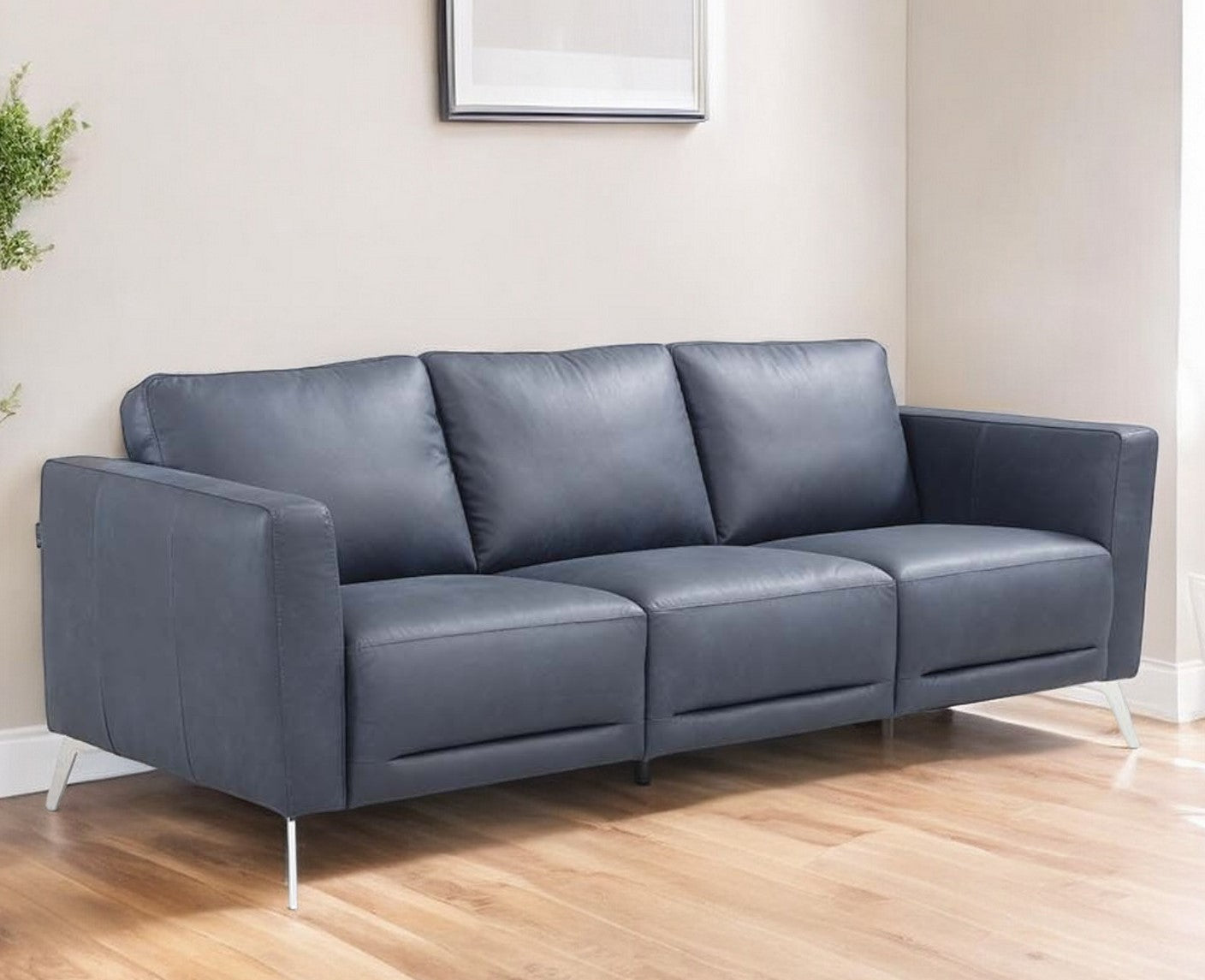 85" Blue Leather Sofa With Black Legs