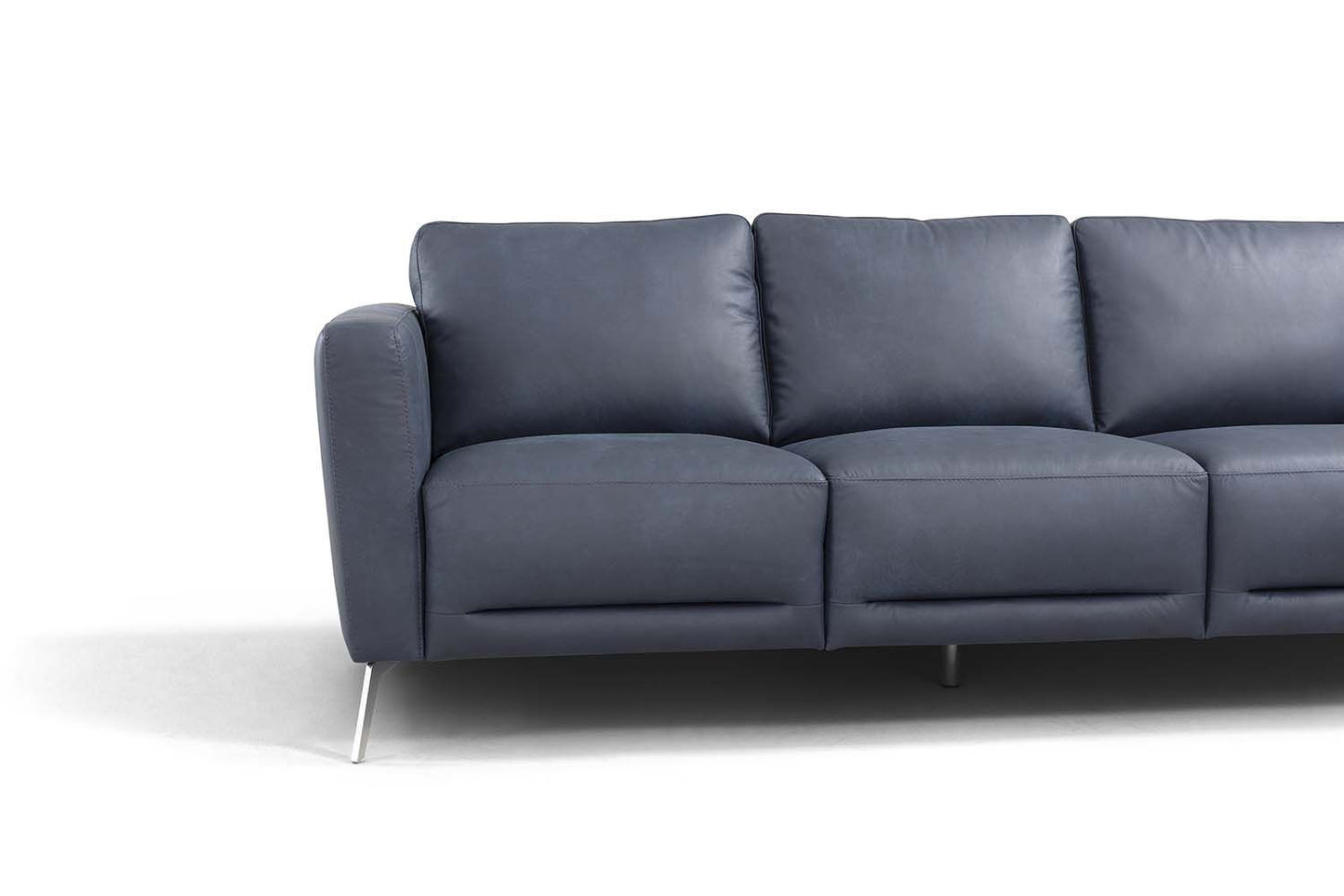 85" Blue Leather Sofa With Black Legs