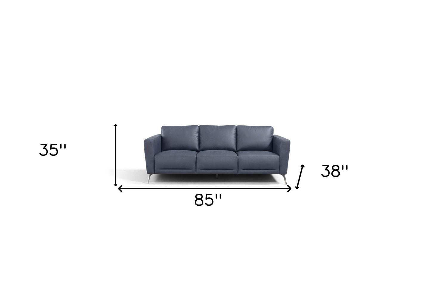 85" Blue Leather Sofa With Black Legs