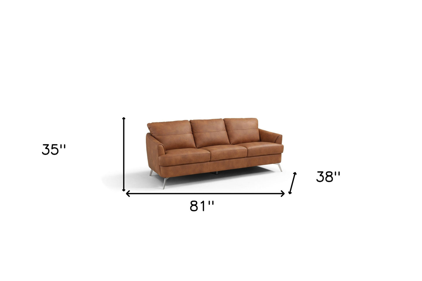 81" Camel Leather Sofa With Black Legs