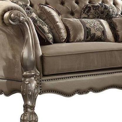 96" Bone Velvet Sofa And Toss Pillows With Gold Legs