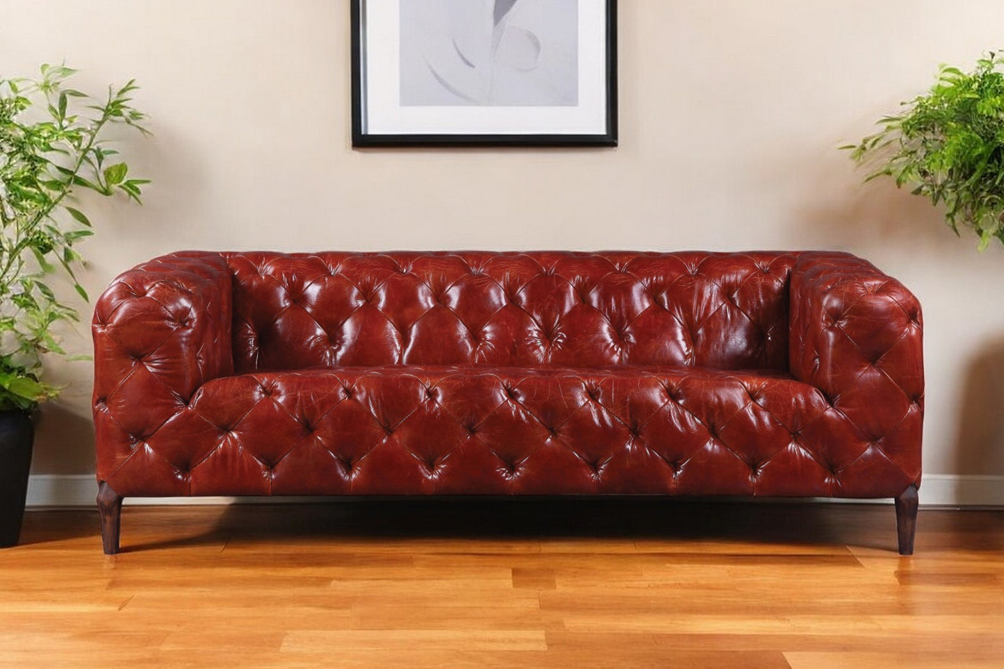 85" Merlot Top Grain Leather Sofa With Black Legs