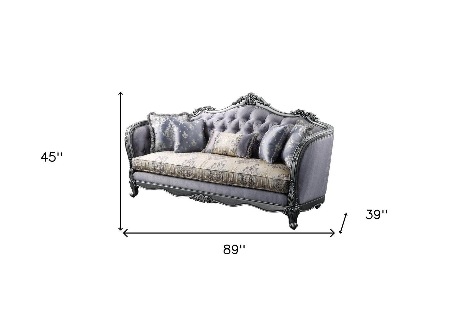 89" Platinum Imitation Silk Damask Sofa And Toss Pillows