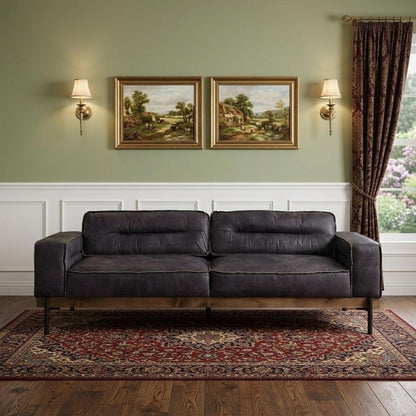 96" Ebony Top Grain Leather Sofa With Black Legs