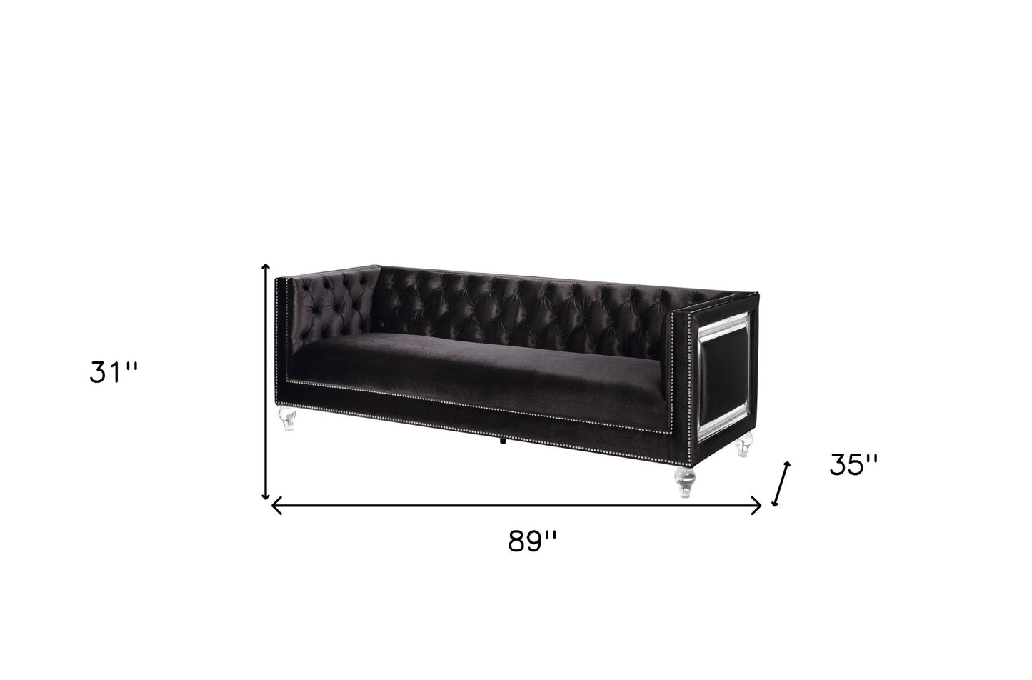 89" Black Velvet Sofa And Toss Pillows With Clear Legs