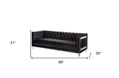 89" Black Velvet Sofa And Toss Pillows With Clear Legs