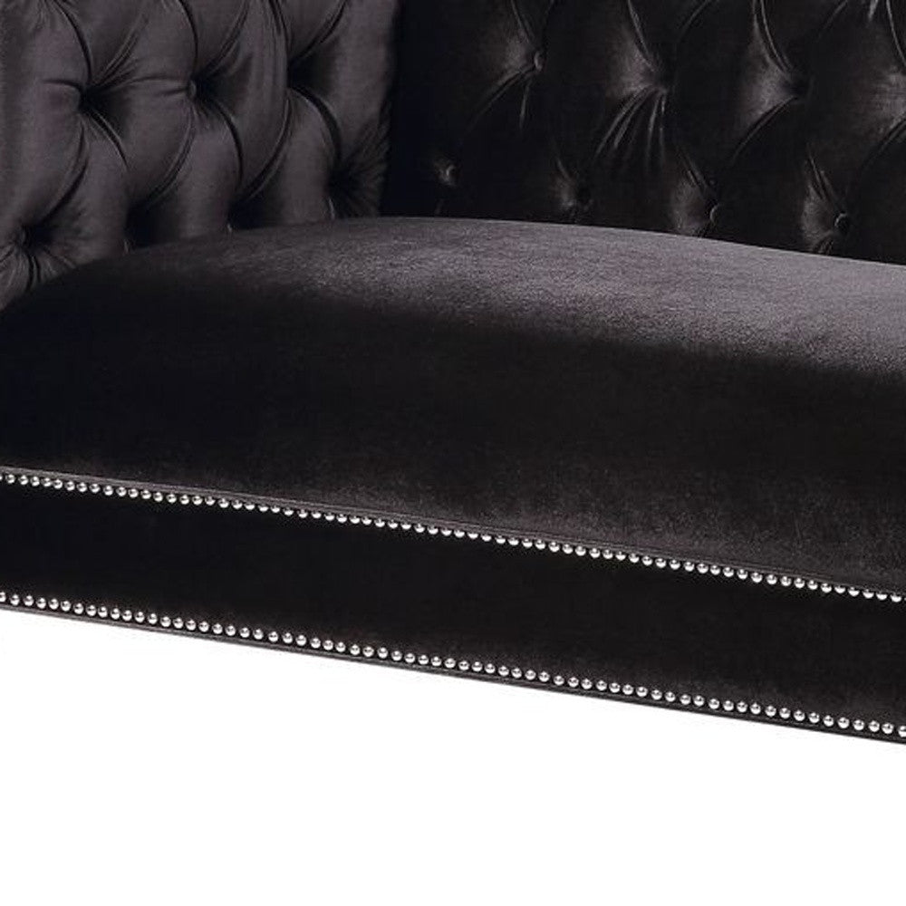 89" Black Velvet Sofa And Toss Pillows With Clear Legs