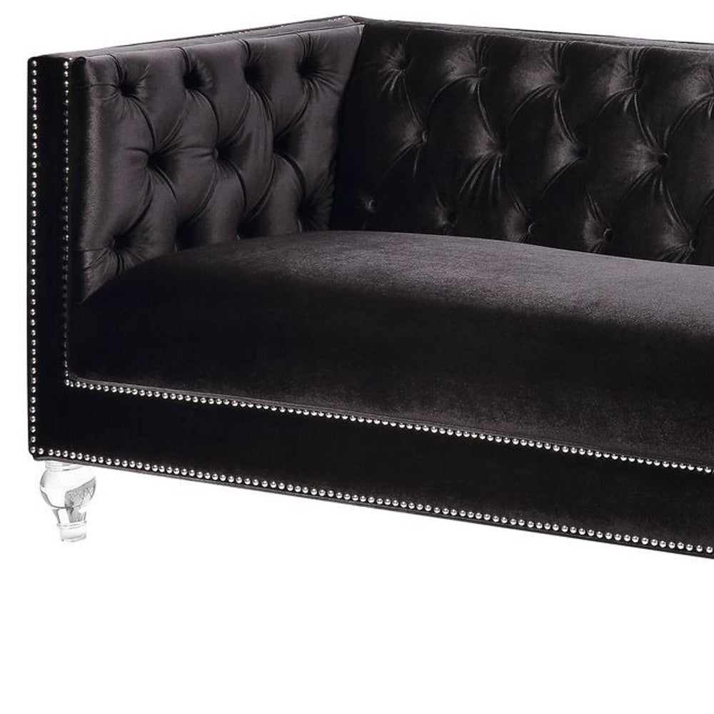 89" Black Velvet Sofa And Toss Pillows With Clear Legs