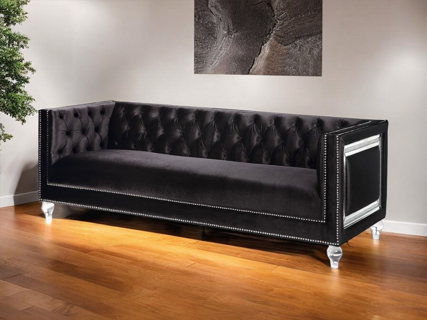 89" Black Velvet Sofa And Toss Pillows With Clear Legs