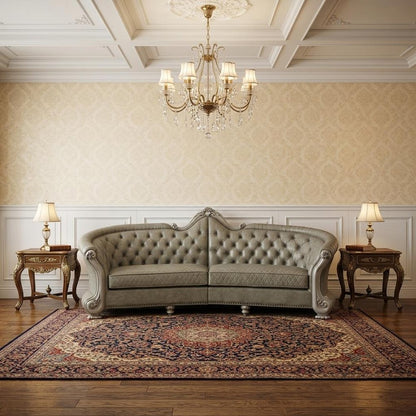 113" Bone Faux Leather Sofa And Toss Pillows With White Legs