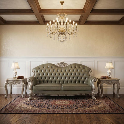 96" Bone Faux Leather Sofa And Toss Pillows With White Legs