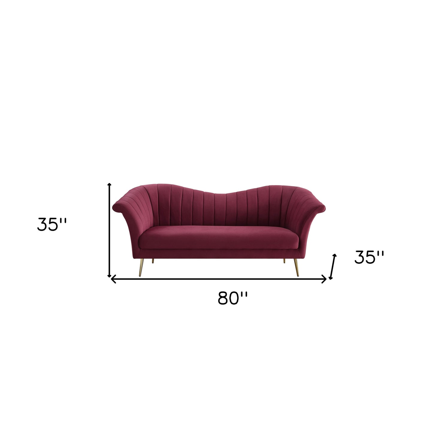 80" Red Velvet Sofa With Gold Legs