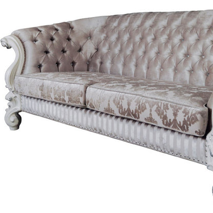 99" Ivory Velvet Damask Sofa And Toss Pillows With Bone Legs