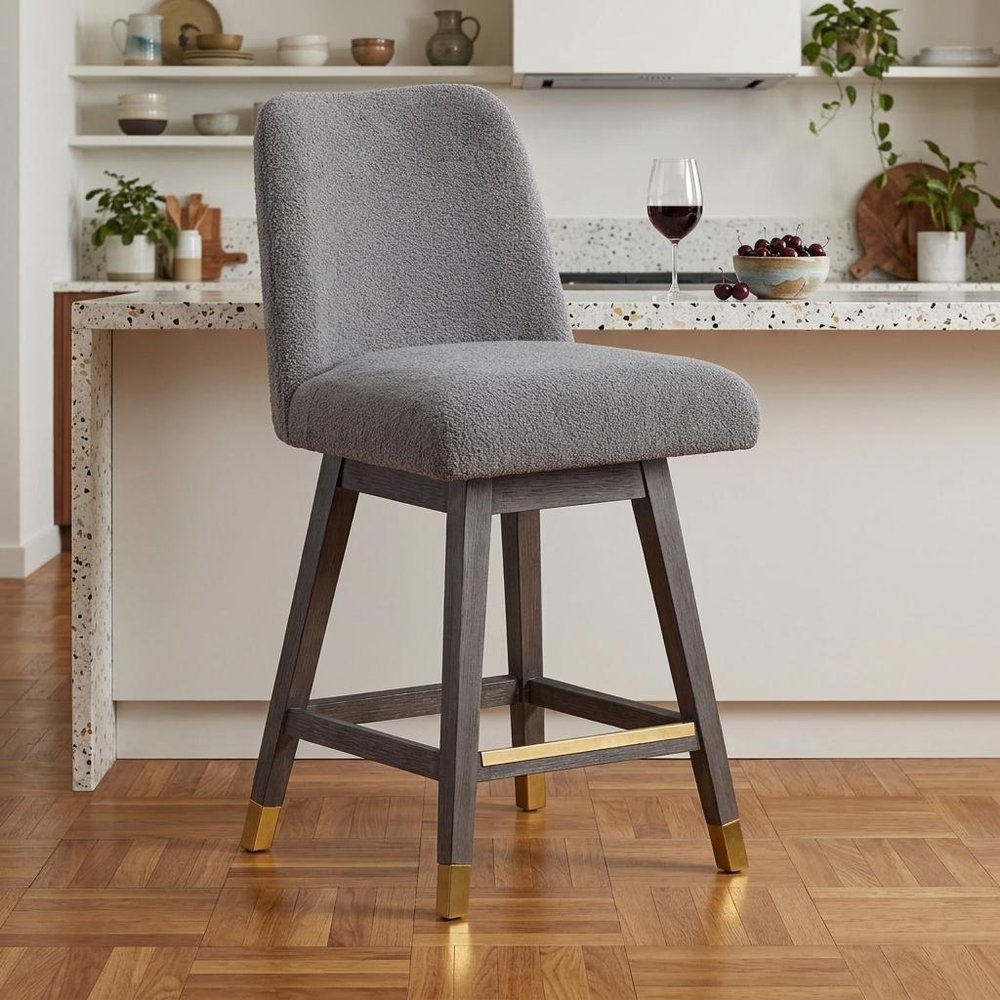 26" Gray Solid Wood Counter Height Swivel Bar Chair