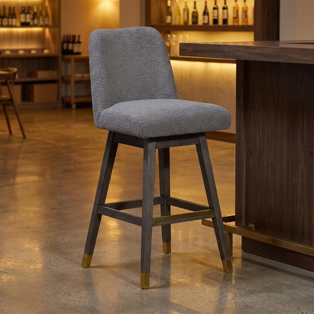 30" Gray Fabric And Solid Wood Bar Height Swivel Bar Chair