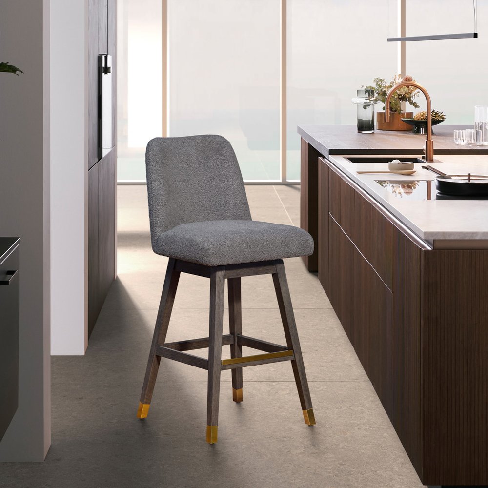 30" Gray Fabric And Solid Wood Bar Height Swivel Bar Chair