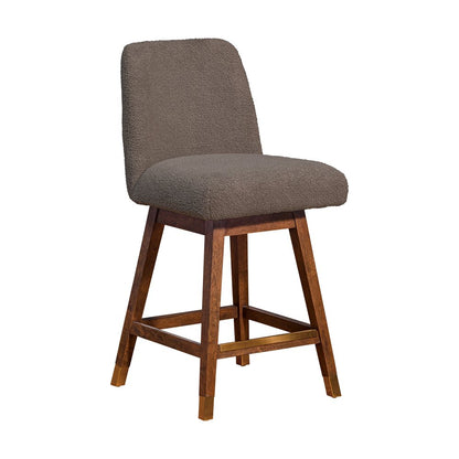 26" Taupe And Brown Fabric And Solid Wood Counter Height Swivel Bar Chair