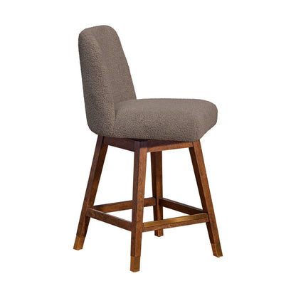 26" Taupe And Brown Fabric And Solid Wood Counter Height Swivel Bar Chair