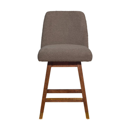 26" Taupe And Brown Fabric And Solid Wood Counter Height Swivel Bar Chair