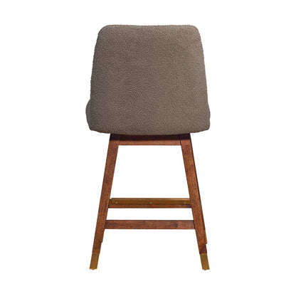 26" Taupe And Brown Fabric And Solid Wood Counter Height Swivel Bar Chair