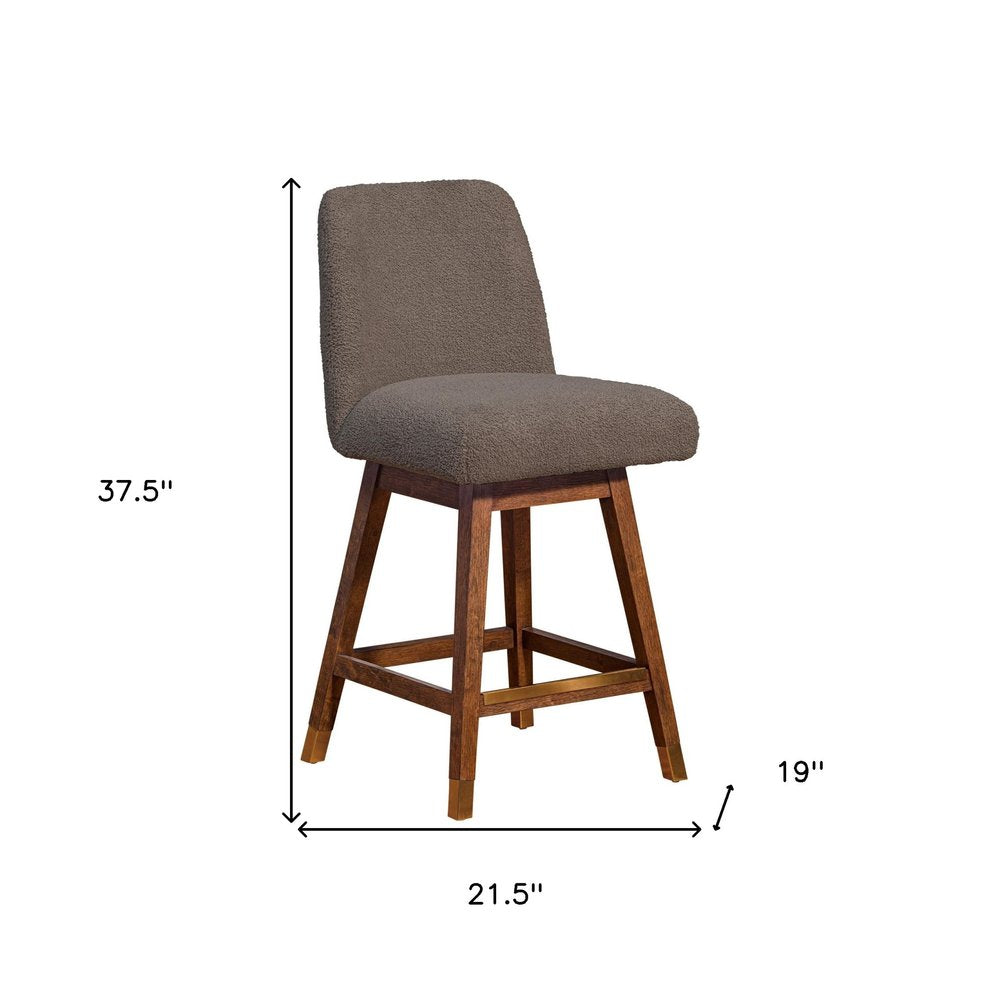 26" Taupe And Brown Fabric And Solid Wood Counter Height Swivel Bar Chair