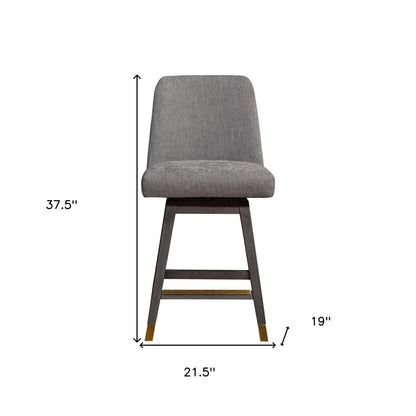 26" Taupe And Gray Fabric And Solid Wood Counter Height Swivel Bar Chair