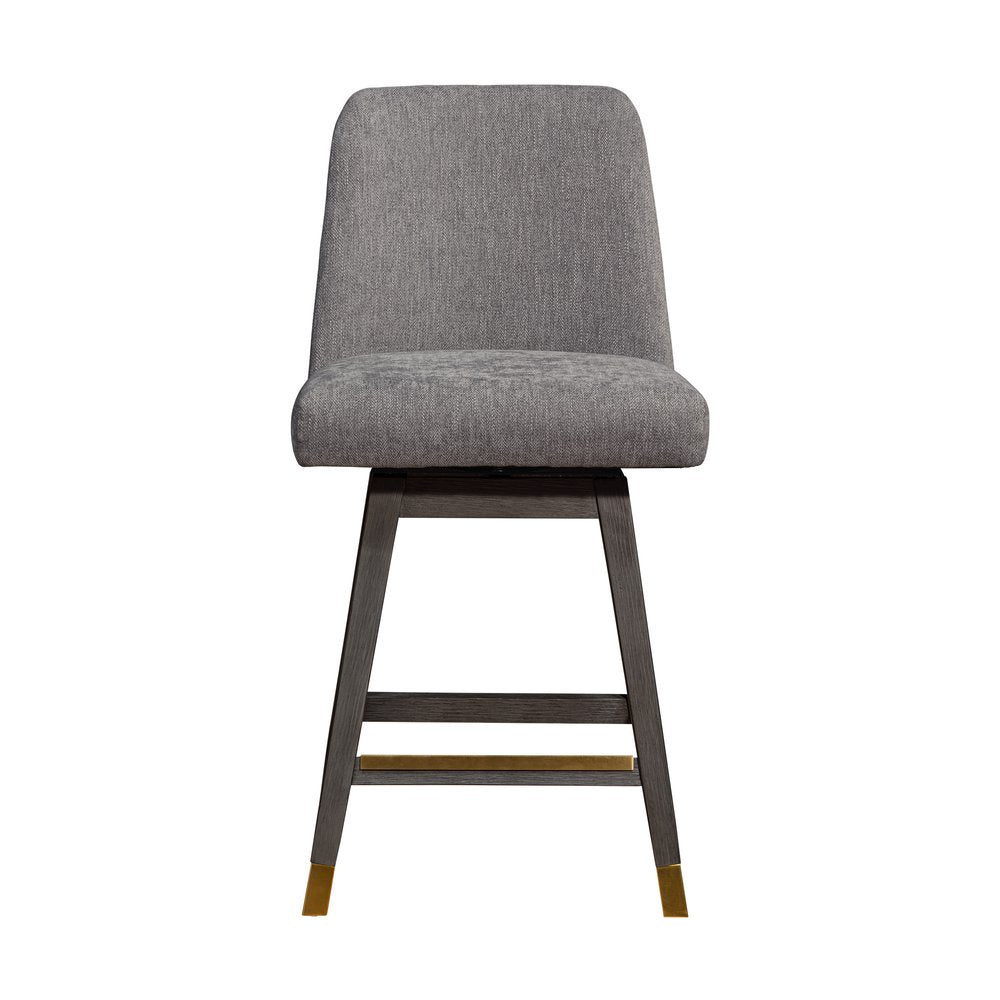 26" Taupe And Gray Fabric And Solid Wood Counter Height Swivel Bar Chair