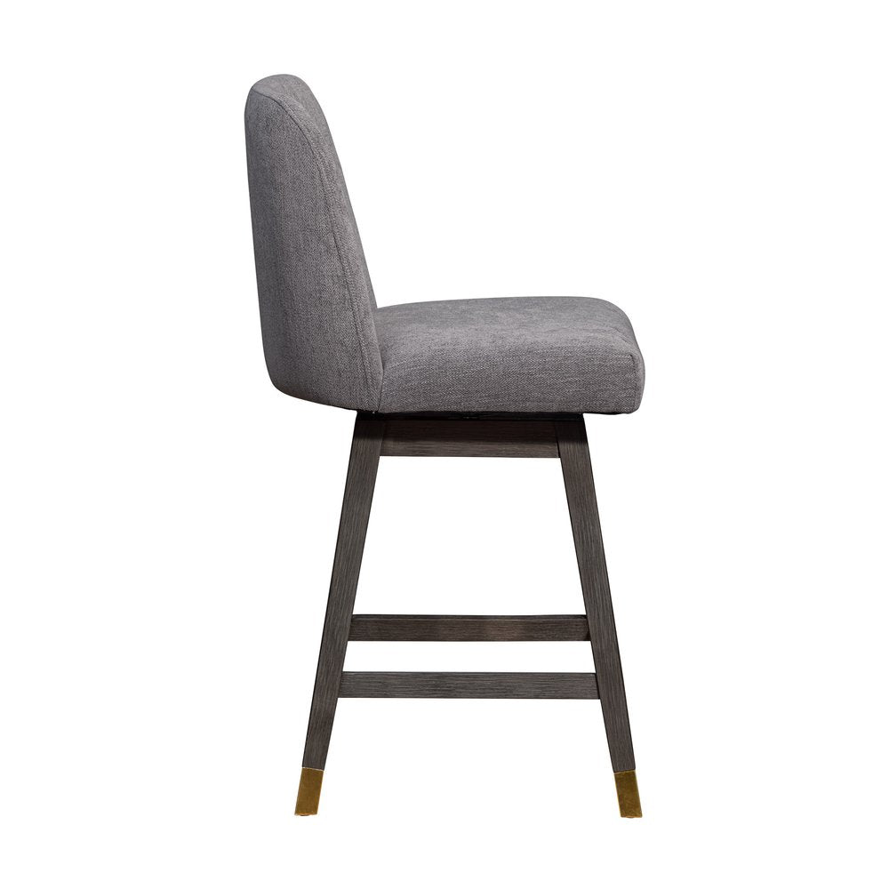 26" Taupe And Gray Fabric And Solid Wood Counter Height Swivel Bar Chair