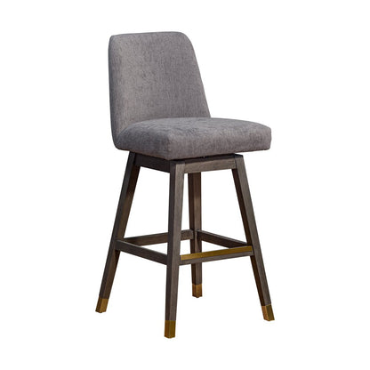 30" Gray And Brown Fabric And Solid Wood Bar Height Swivel Bar Chair